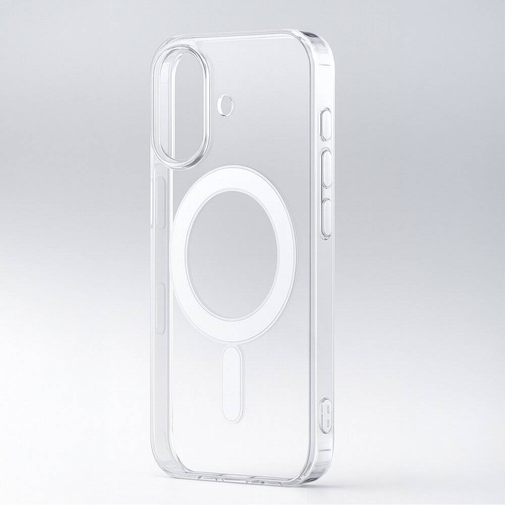 Ein transparentes Smartphone-Case, das für die Kompatibilität mit kabellosem Laden entwickelt wurde und präzise Aussparungen für Tasten und Kameraobjektive aufweist.