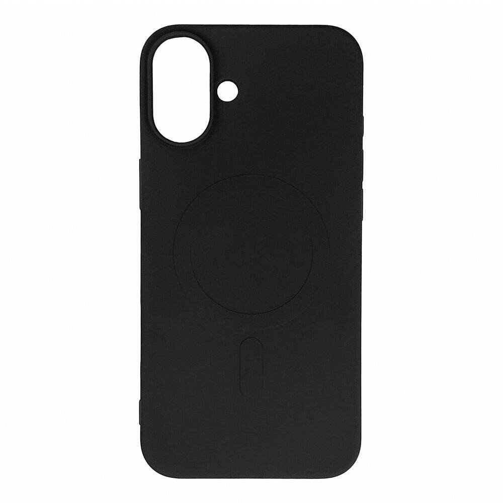 Ein schwarzes Smartphone-Case mit einer Aussparung für die Kamera und einem kreisförmigen Muster auf der Rückseite, von der Rückseite aus betrachtet.