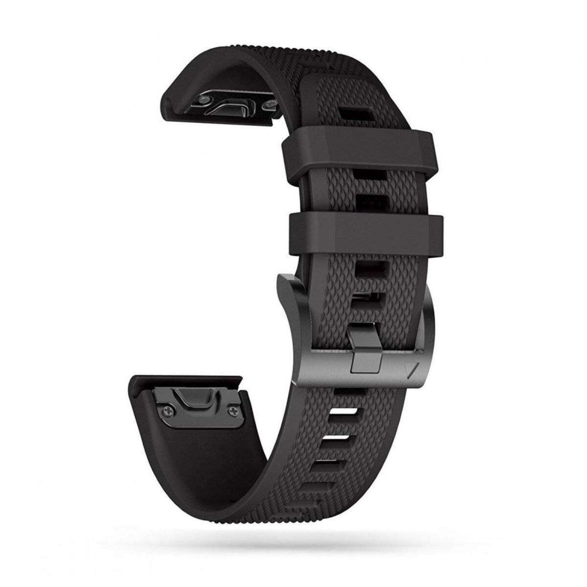 Schwarzes Smartwatch-Armband mit strukturierter Oberfläche und verstellbarem Verschluss, entworfen für erhöhte Haltbarkeit und Komfort.