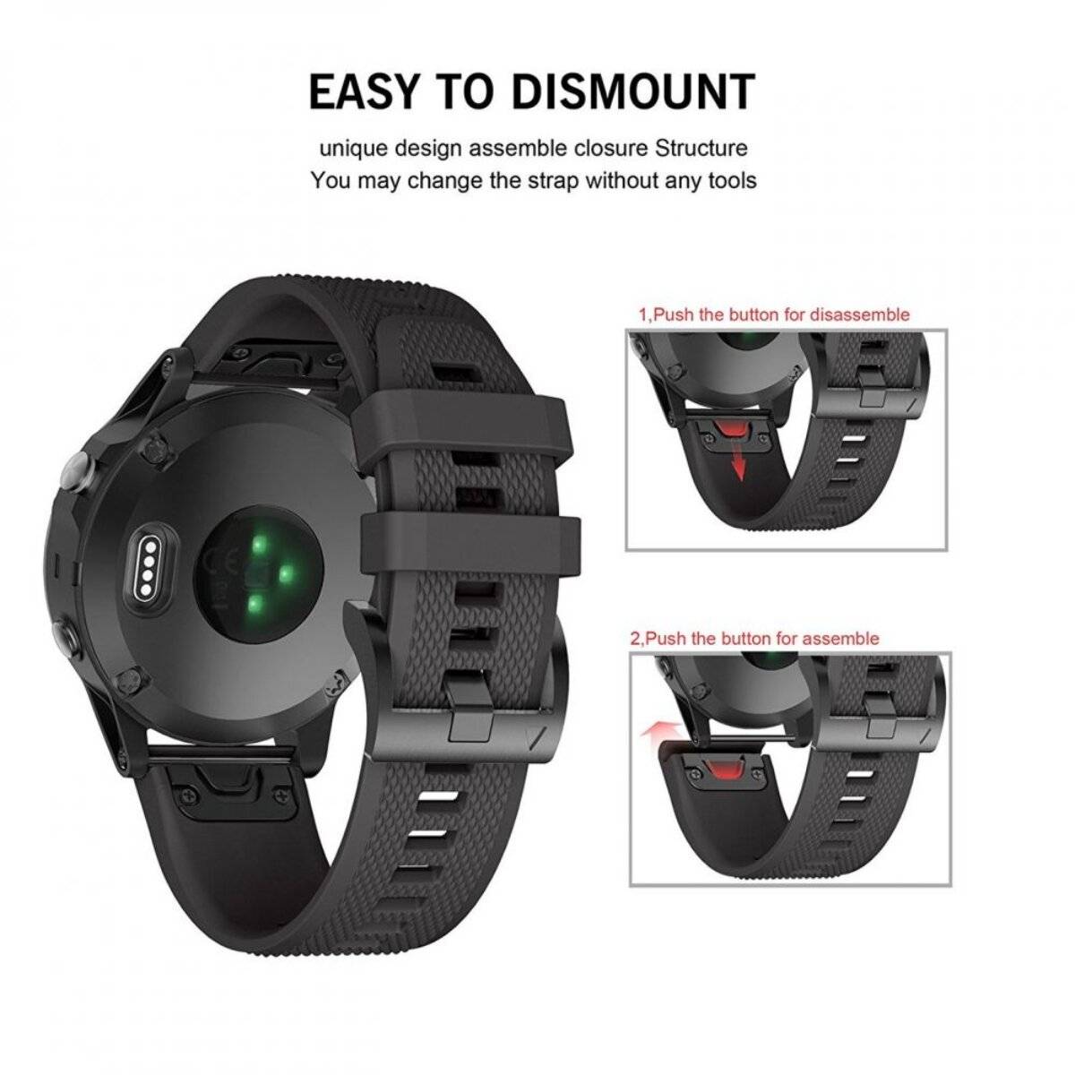 Das Bild zeigt die Rückseite einer schwarzen Uhr mit einem Armband, die deren einfache Demontage und Montage durch zwei gekennzeichnete Druckknöpfe demonstriert.