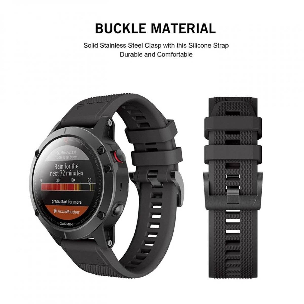 Eine schwarze Smartwatch mit Silikonarmband und Edelstahlverschluss, die Wetterinformationen anzeigt, von vorne und von der Seite gezeigt.