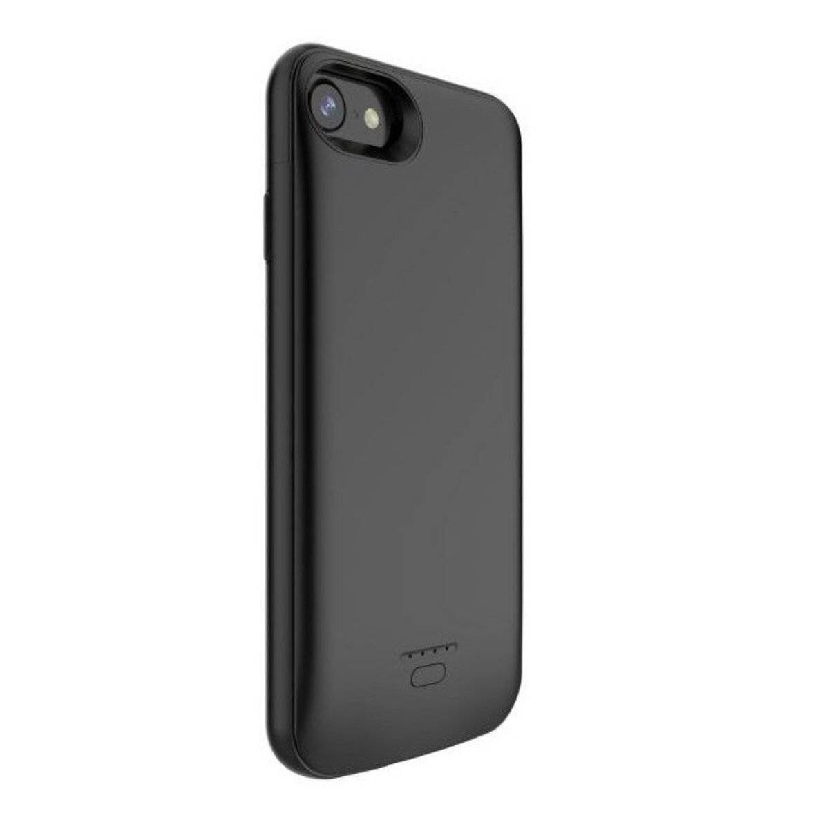 Ein elegantes schwarzes Handyhülle mit integriertem Akku, entwickelt für ein iPhone. Die Hülle verfügt über eine Kameraaussparung und einen Ladeanschluss.