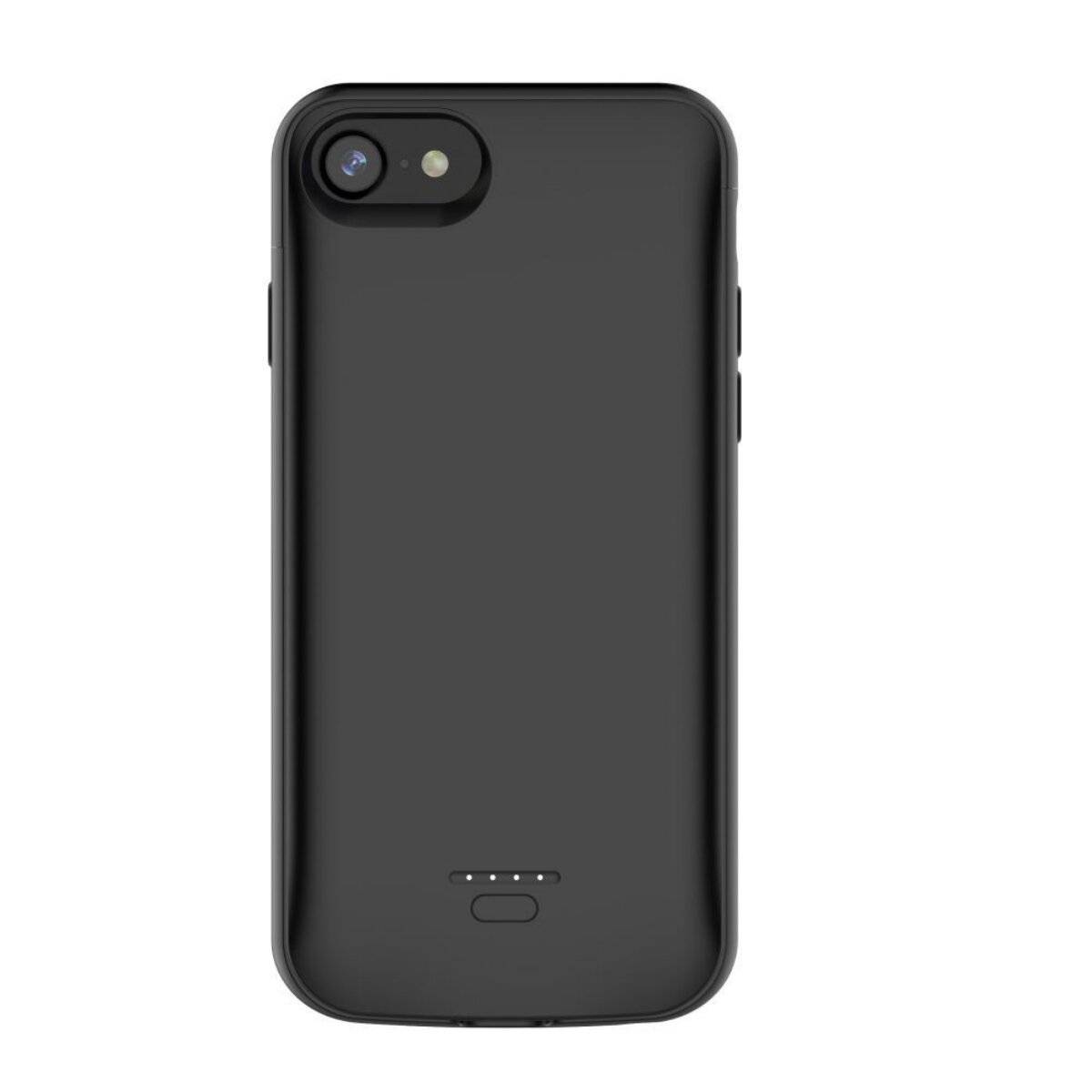 Ein schwarzer Smartphone-Akkuschutzhülle mit Kameraausschnitt und Ladeanzeigehinten.