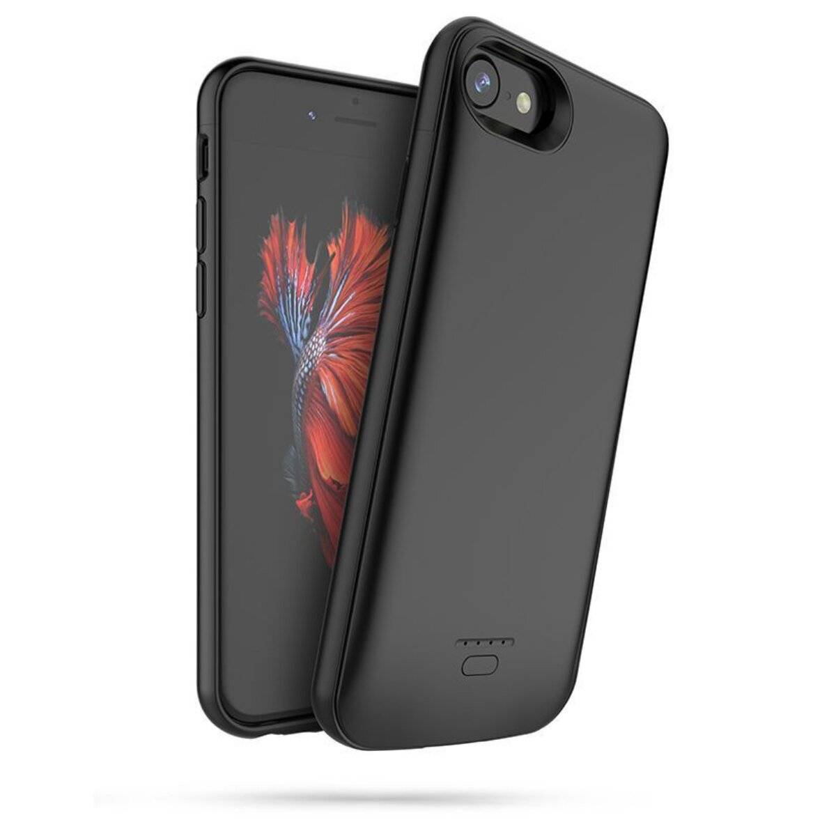Ein schwarzes Smartphone mit einer schwarzen Schutzhülle, das ein fischthematisches Hintergrundbild auf dem Bildschirm zeigt.