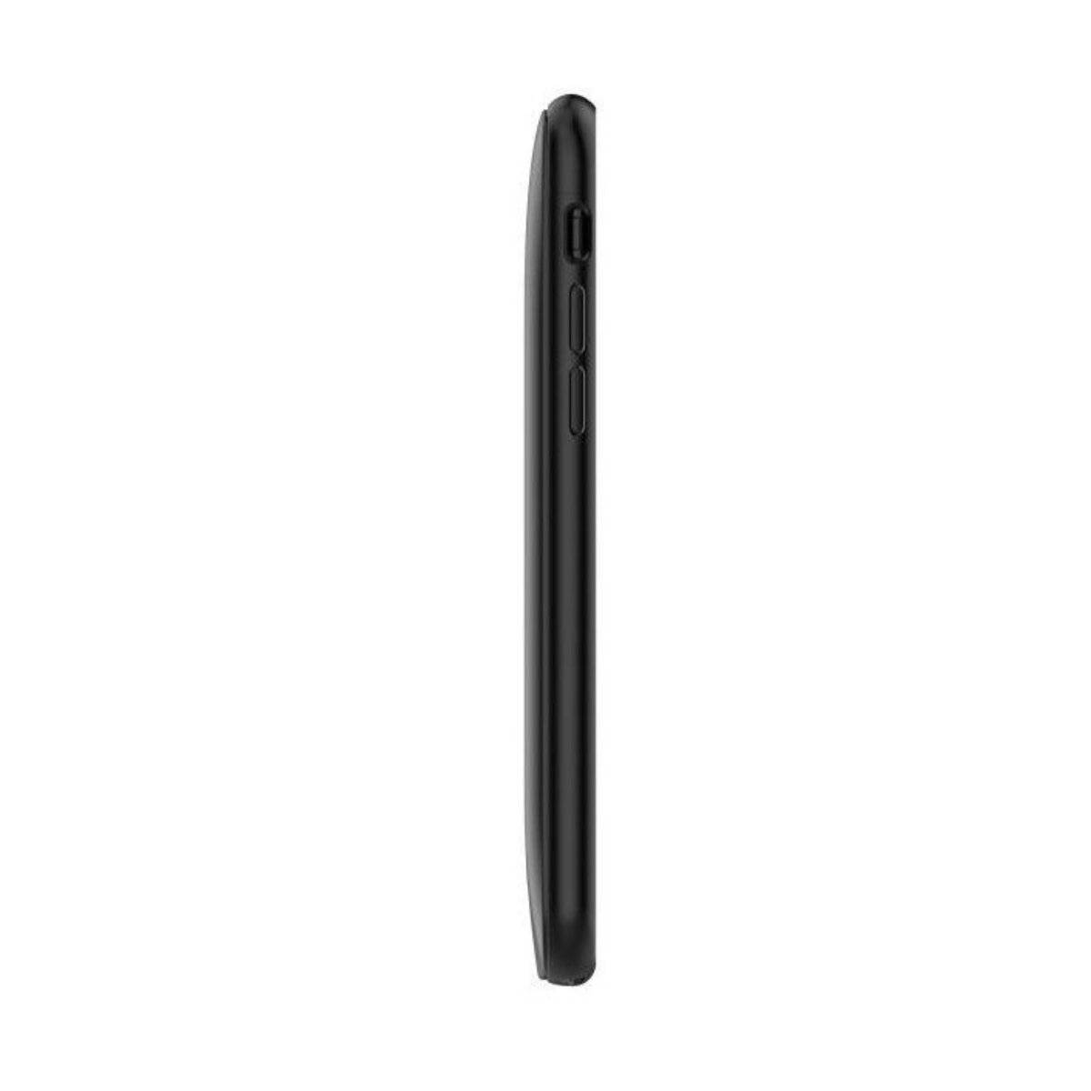 Seitenansicht eines schlanken schwarzen Smartphones mit Lautstärke- und Netzschalter auf der rechten Seite.