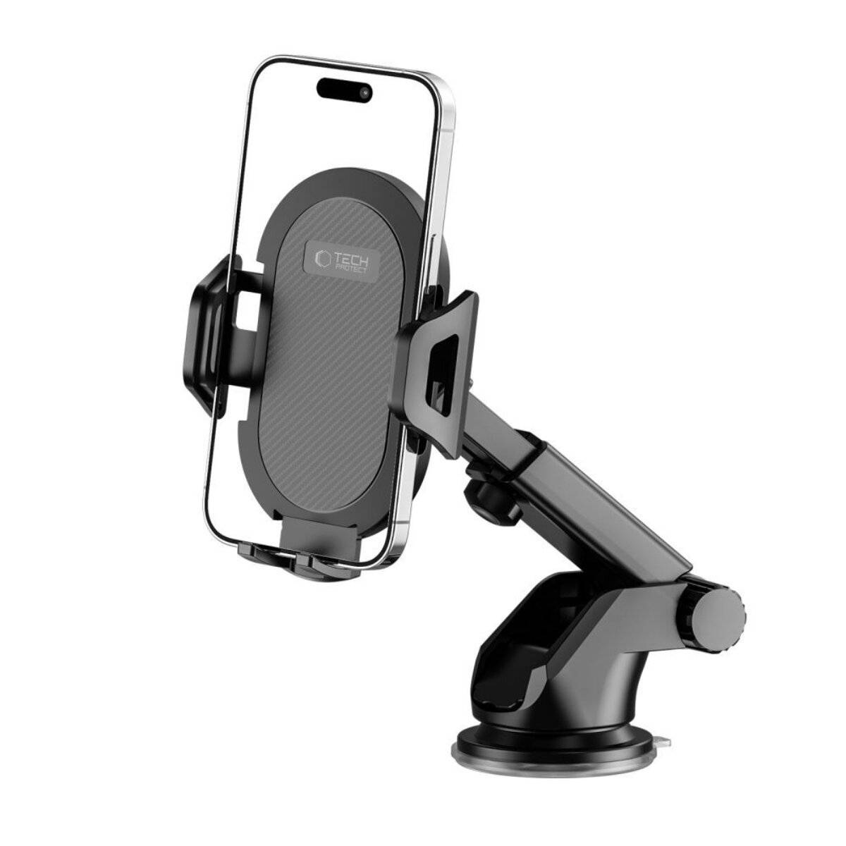 Eine schwarze Kfz-Telefonhalterung mit verstellbarem Arm, Saugnapf-Basis und Griffklemmen, entwickelt um Smartphones verschiedener Größen sicher zu halten.