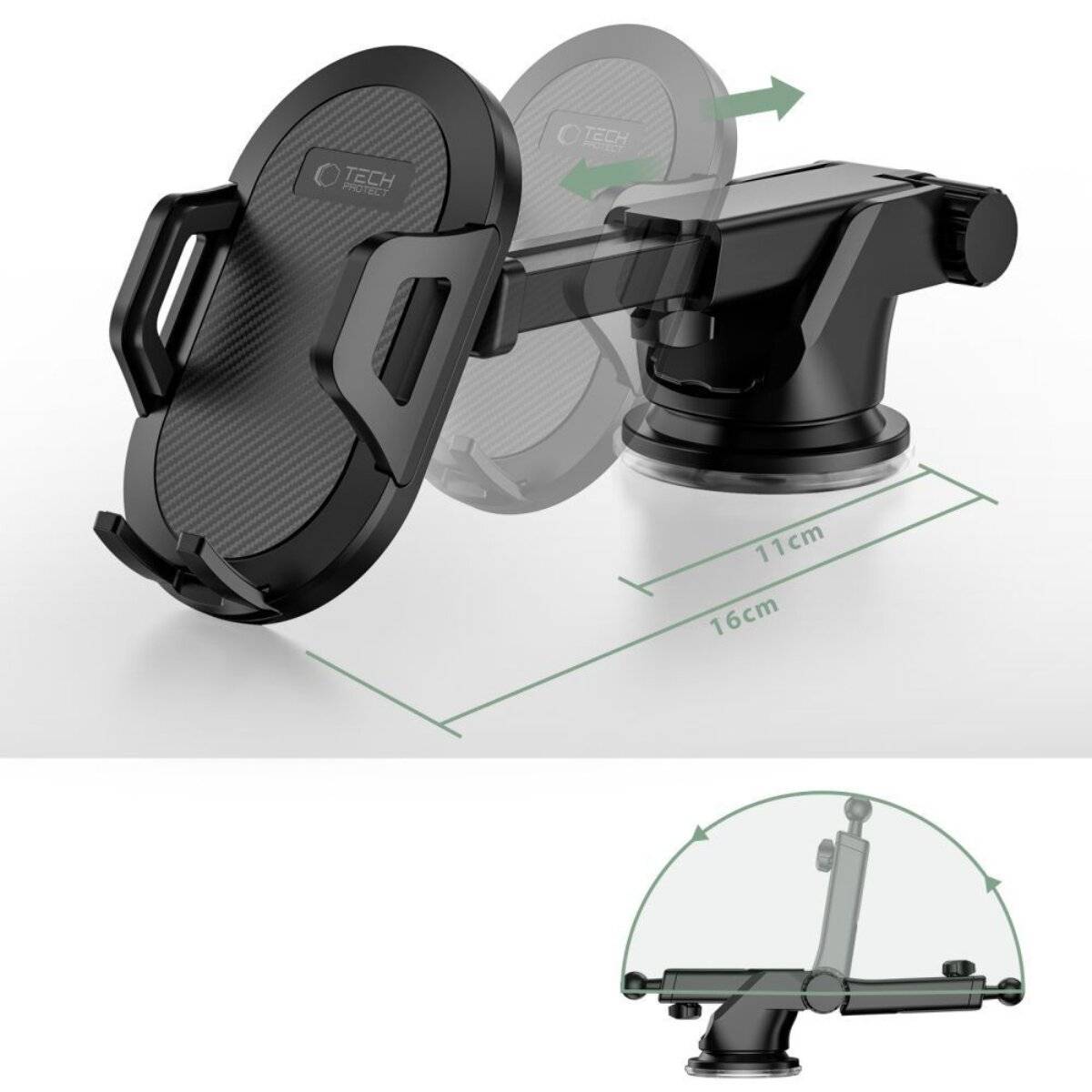Einstellbarer Telefonhalter mit ausziehbarem Arm, der sich von 11 cm bis 16 cm verlängert und flexible Positionierungsmöglichkeiten für bessere Sicht und Zugänglichkeit bietet.