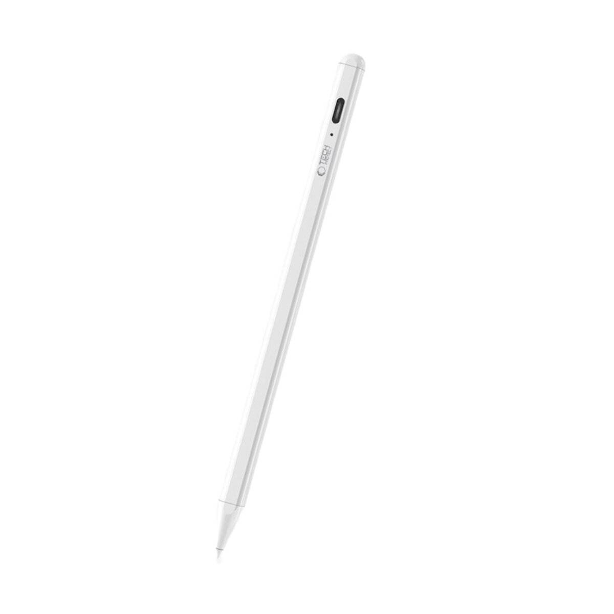 Ein weißer digitaler Stylus mit einem Knopf in der Nähe der Spitze, entwickelt für Touchscreens, ist diagonal gegen einen einfarbigen Hintergrund gelehnt.