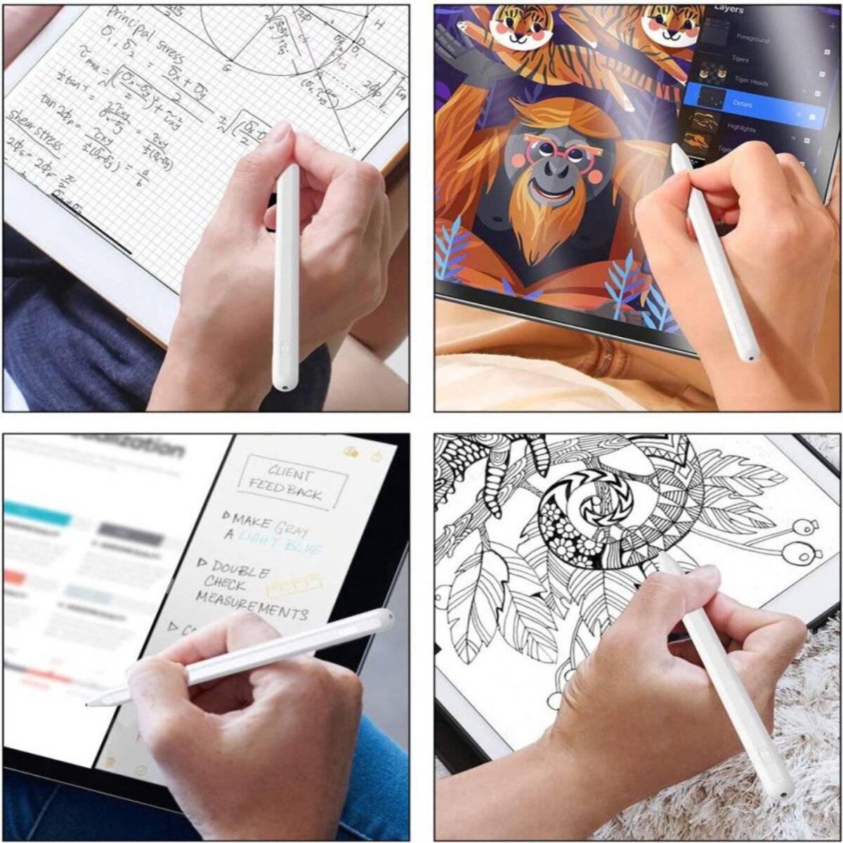 Vier Bilder zeigen Hände, die einen Stylus auf Tablets verwenden: eine Grafik skizzieren, einen Löwen zeichnen, Notizen machen und ein kompliziertes Design ausmalen.