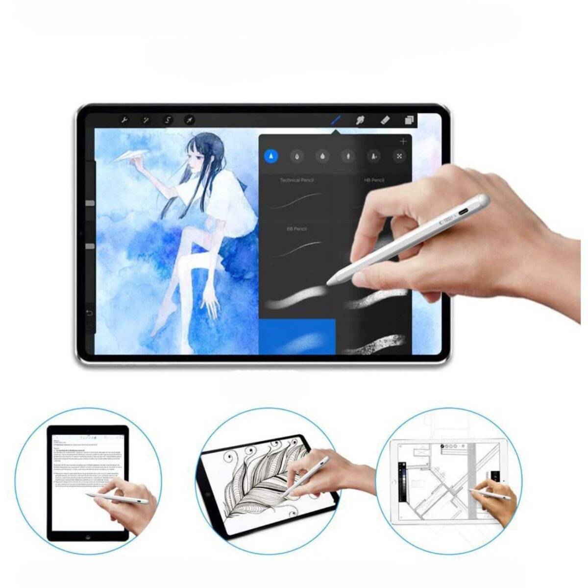 Eine Hand benutzt einen Stylus auf einem Tablet, das eine digitale Zeichnung einer Person zeigt. Drei kreisförmige Ausschnitte zeigen verschiedene Stylus-Nutzungen auf Bildschirmen.