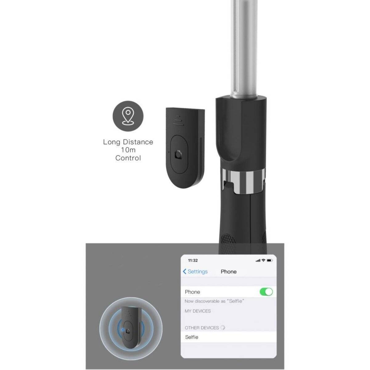 Eine Fernbedienung für ein Selfiestick, hervorgehoben an der Stange. Der Telefonbildschirm zeigt Bluetooth-Einstellungen mit verbundenem Gerät „Selfie