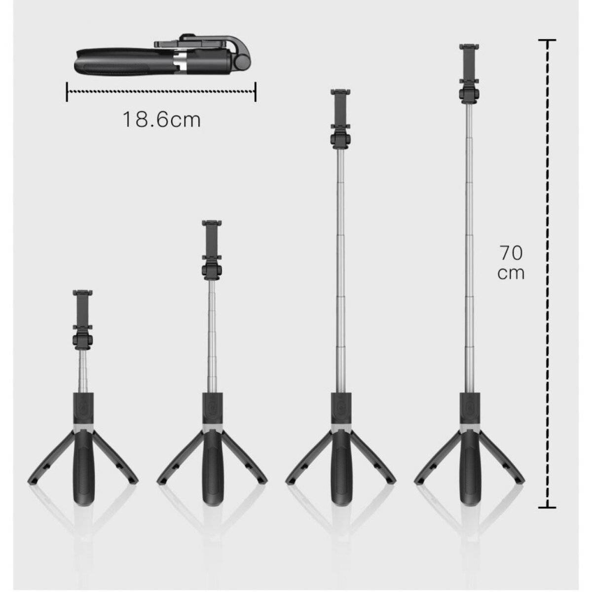 Zusammenklappbares schwarzes Stativ, das sich von 18,6 cm in zusammengeklapptem Zustand auf 70 cm vollständig ausgefahren erstreckt, mit drei Zwischenhöhenstufen.