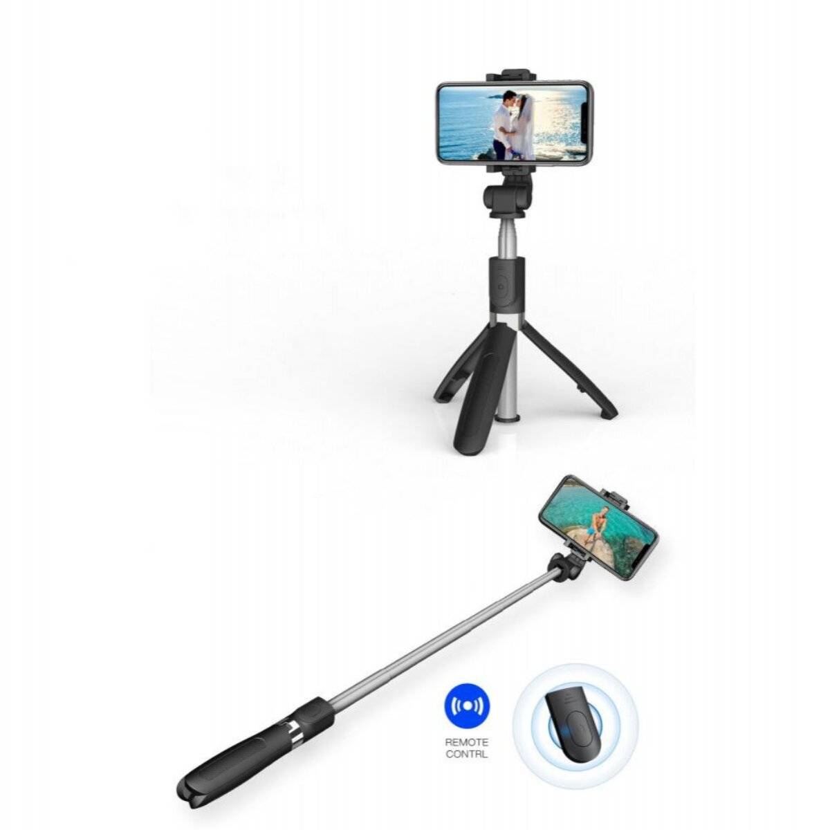 Ein Dreibeinstativ und eine Selfie-Stange-Kombination halten ein Smartphone, das ein Paar am Strand zeigt. Enthält eine kabellose Fernbedienung.
