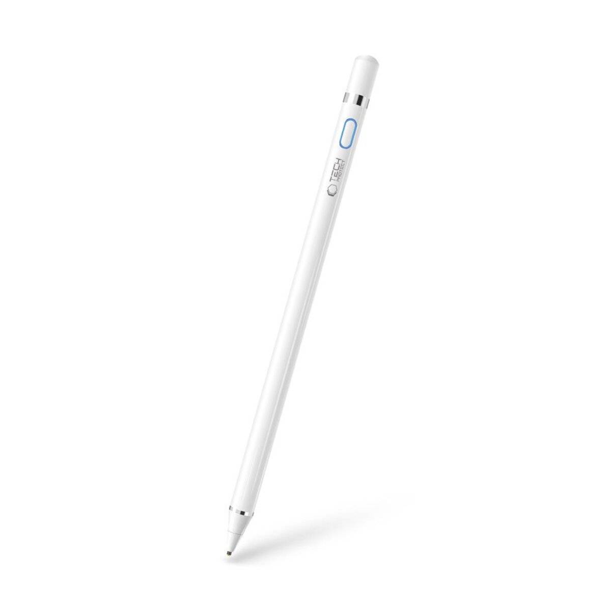 Ein weißer Stift mit Clip und blauem Knopf wird vor einem einfachen Hintergrund gezeigt und symbolisiert moderne digitale Schreibwerkzeuge.