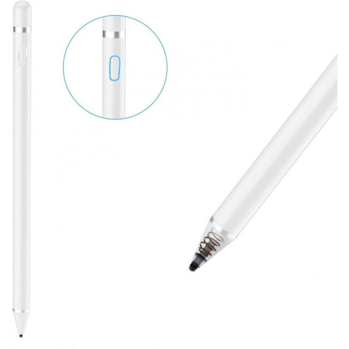 Ein weißer digitaler Stift mit einer runden Spitze und einem blauen Knopf in der Nähe der Oberseite, der für Touchscreens konzipiert ist.