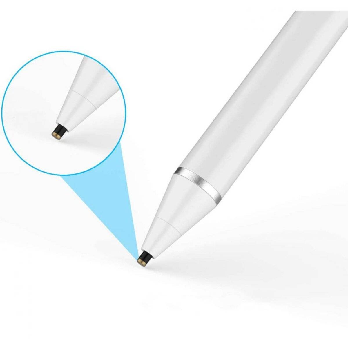 Ein weißer Stift mit einer Nahaufnahme seiner Spitze, die die feine Spitze für Präzision beim digitalen Schreiben oder Zeichnen hervorhebt.