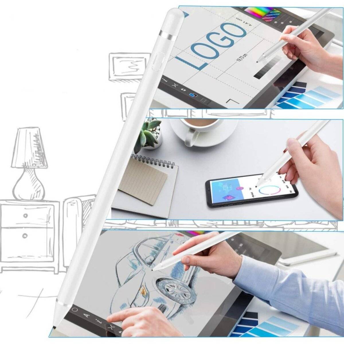 Ein digitaler Stift wird gezeigt, der auf einem Tablet-Bildschirm zeichnet. Bilder zeigen, wie er ein Logo erstellt, einen Graphen bearbeitet und ein Auto skizziert.