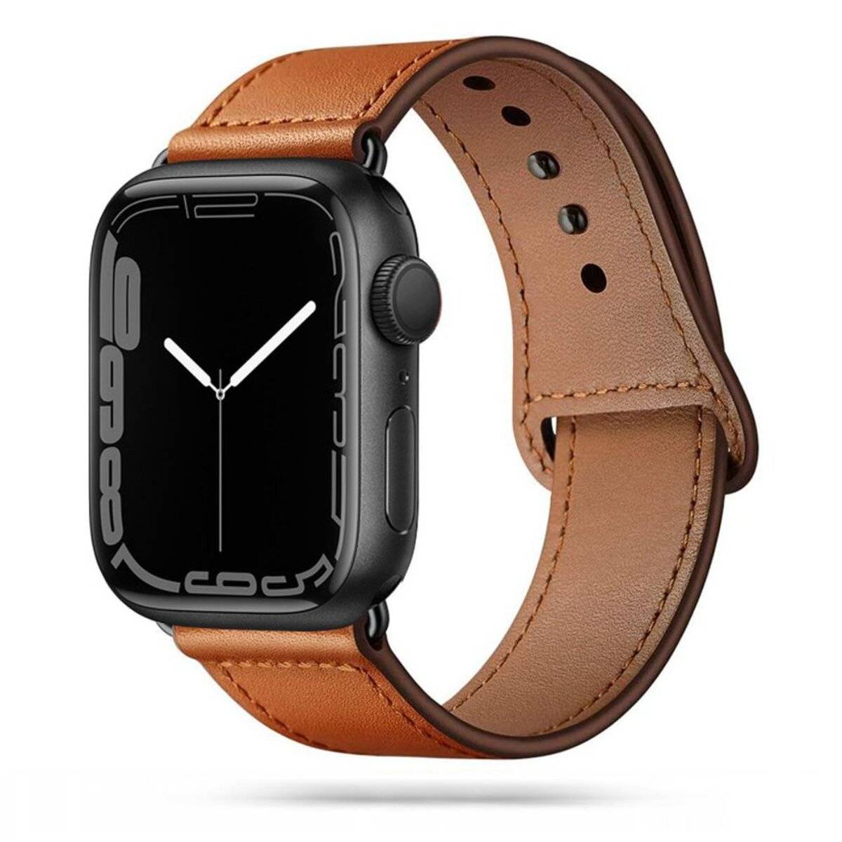 Smartwatch mit rechteckigem Gehäuse, schwarzer Lünette und zweihandiger analoger Anzeige, befestigt an einem braunen Lederarmband.