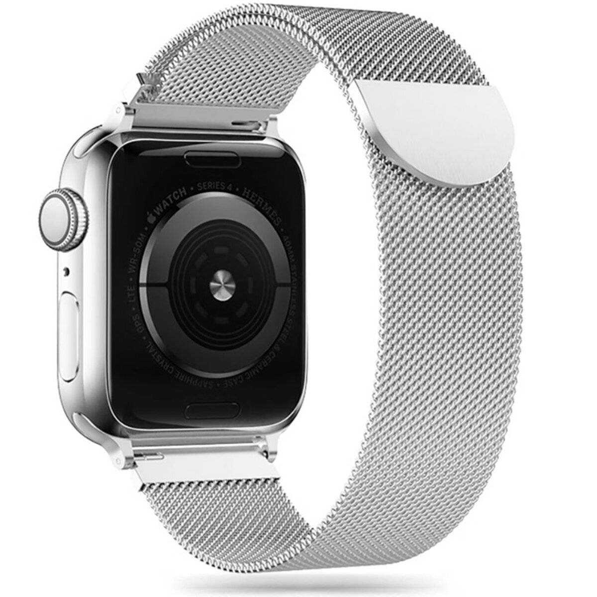 Eine elegante, silberne Smartwatch mit Mesharmband und einem schwarzen, kreisförmigen Sensor auf der Rückseite, was darauf hindeutet, dass sie zur Gesundheitsüberwachung konzipiert ist.