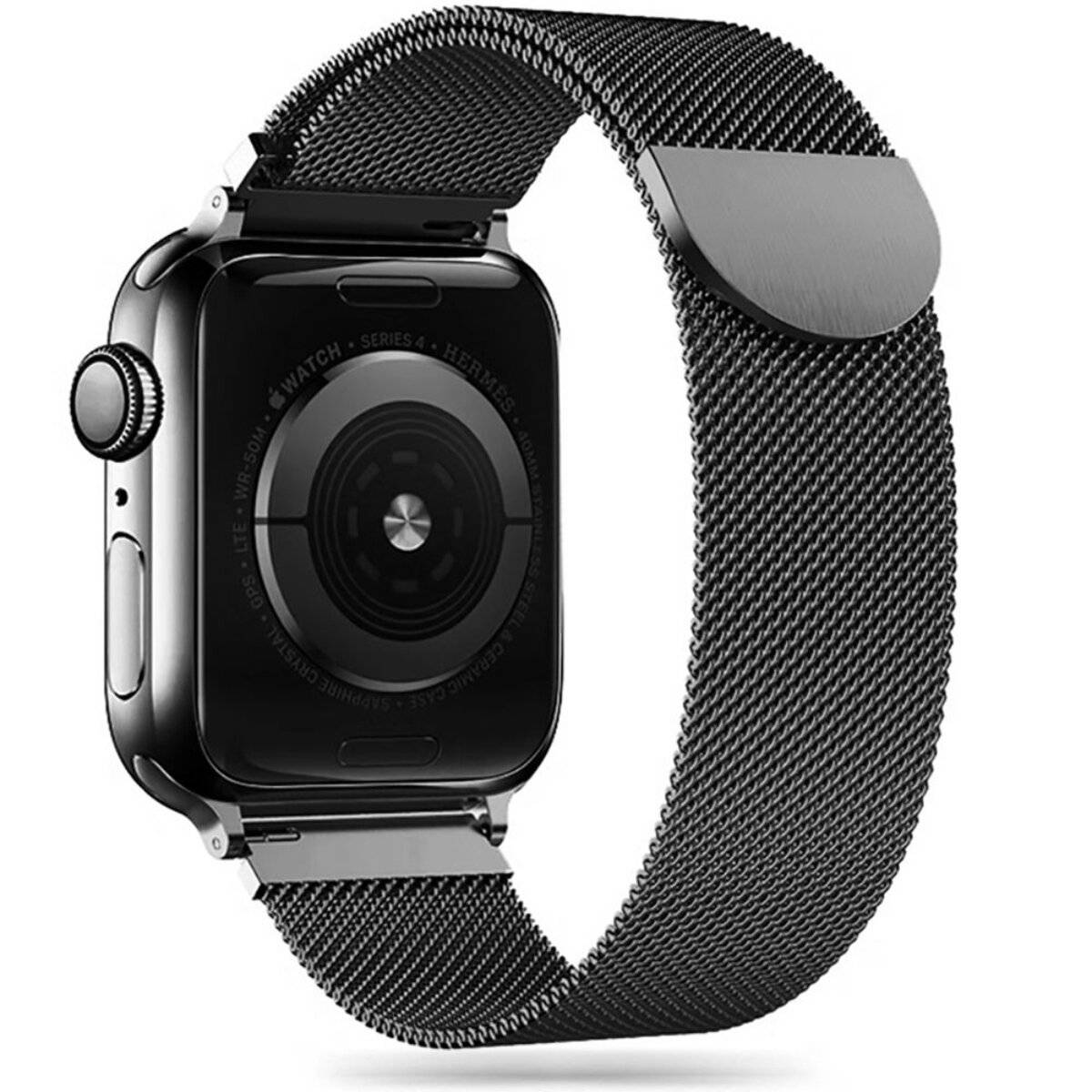 Eine schwarze Smartwatch mit einem Edelstahl-Mesh-Armband, mit einer runden Taste und einem Touchscreen-Display, von einem Seitenwinkel aus gezeigt.