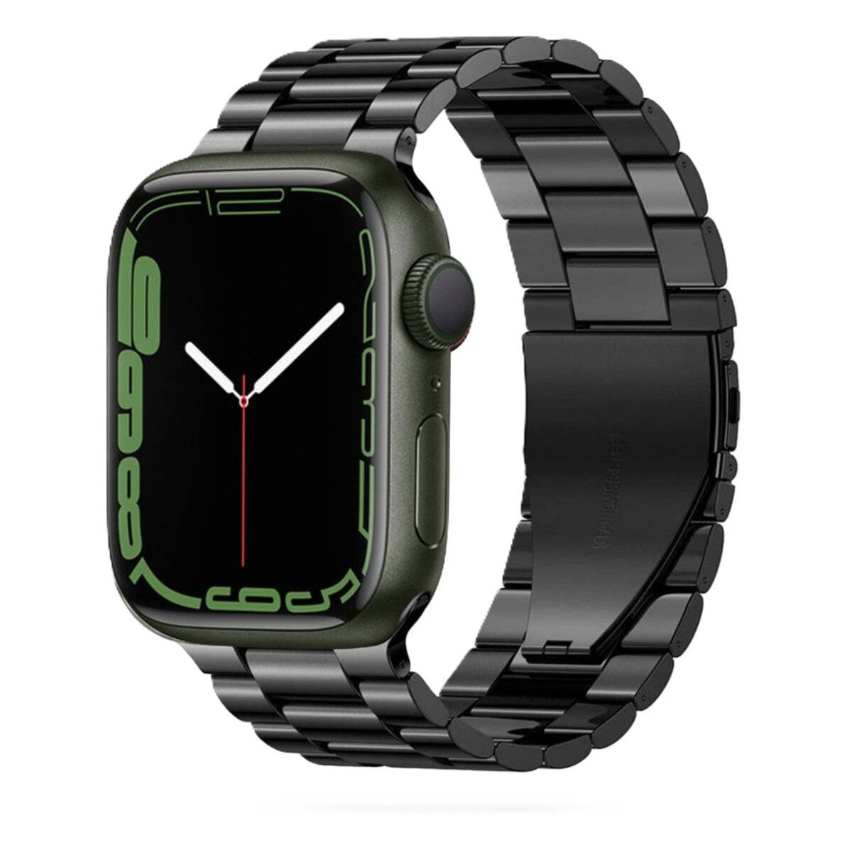 Eine Smartwatch mit schwarzem Metallarmband und digitalem Display, das die Uhrzeit anzeigt. Das Zifferblatt hat grüne Zahlen an den Rändern.