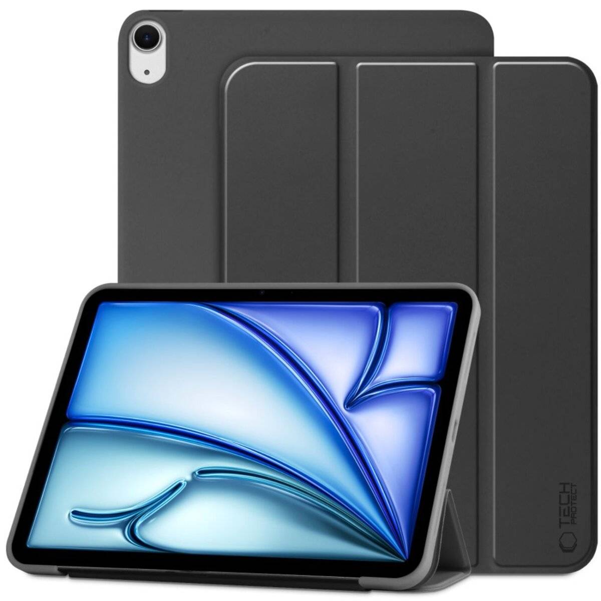 Ein Tablet mit einer grauen Schutzumhüllung, sowohl stehend als auch geöffnet, das ein abstraktes blau-weißes Design auf dem Bildschirm zeigt.