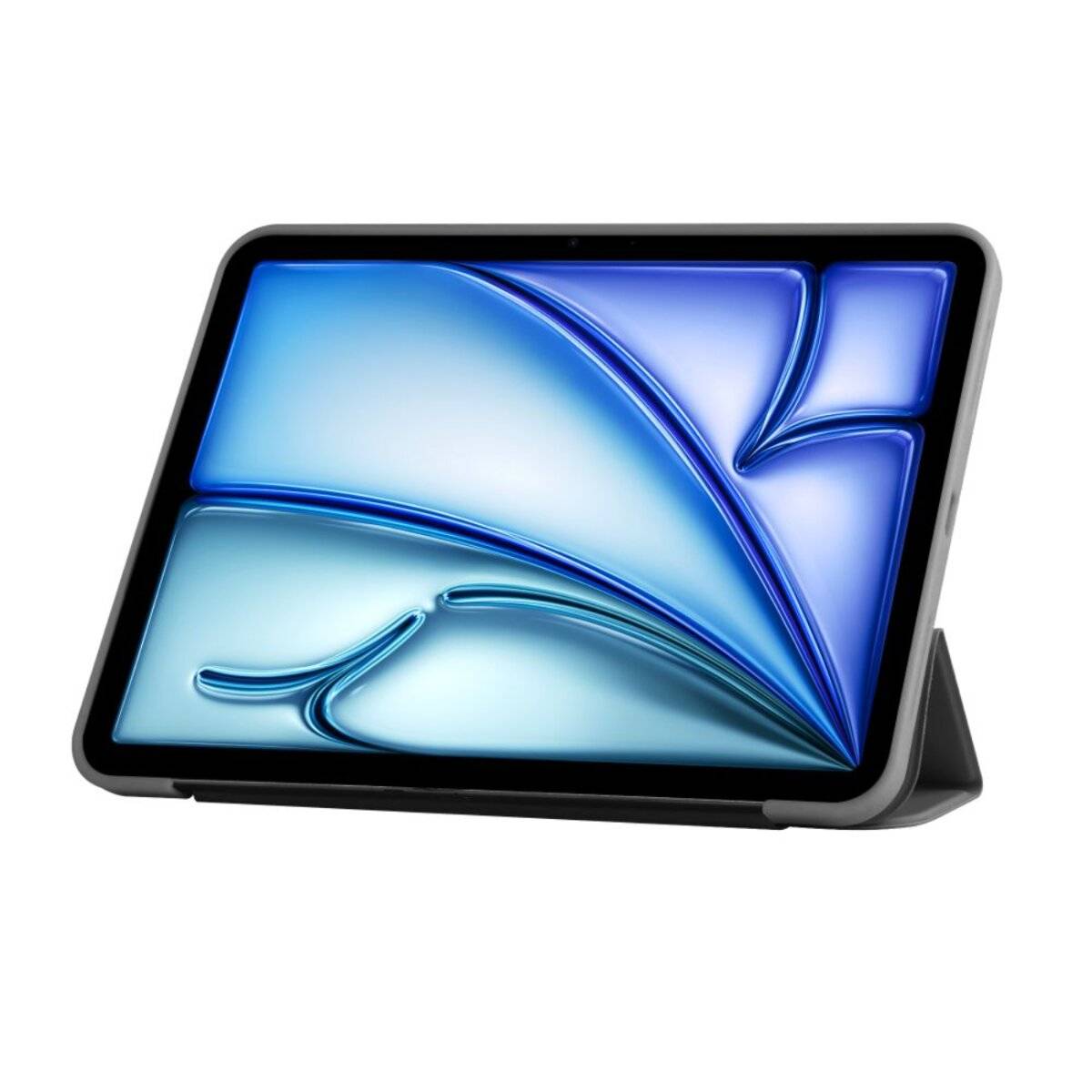 Ein schlankes, modernes Tablet mit einem blauen abstrakten Design auf dem Bildschirm, auf einem Ständer präsentiert, das seinen stilvollen und praktischen Einsatz hervorhebt.
