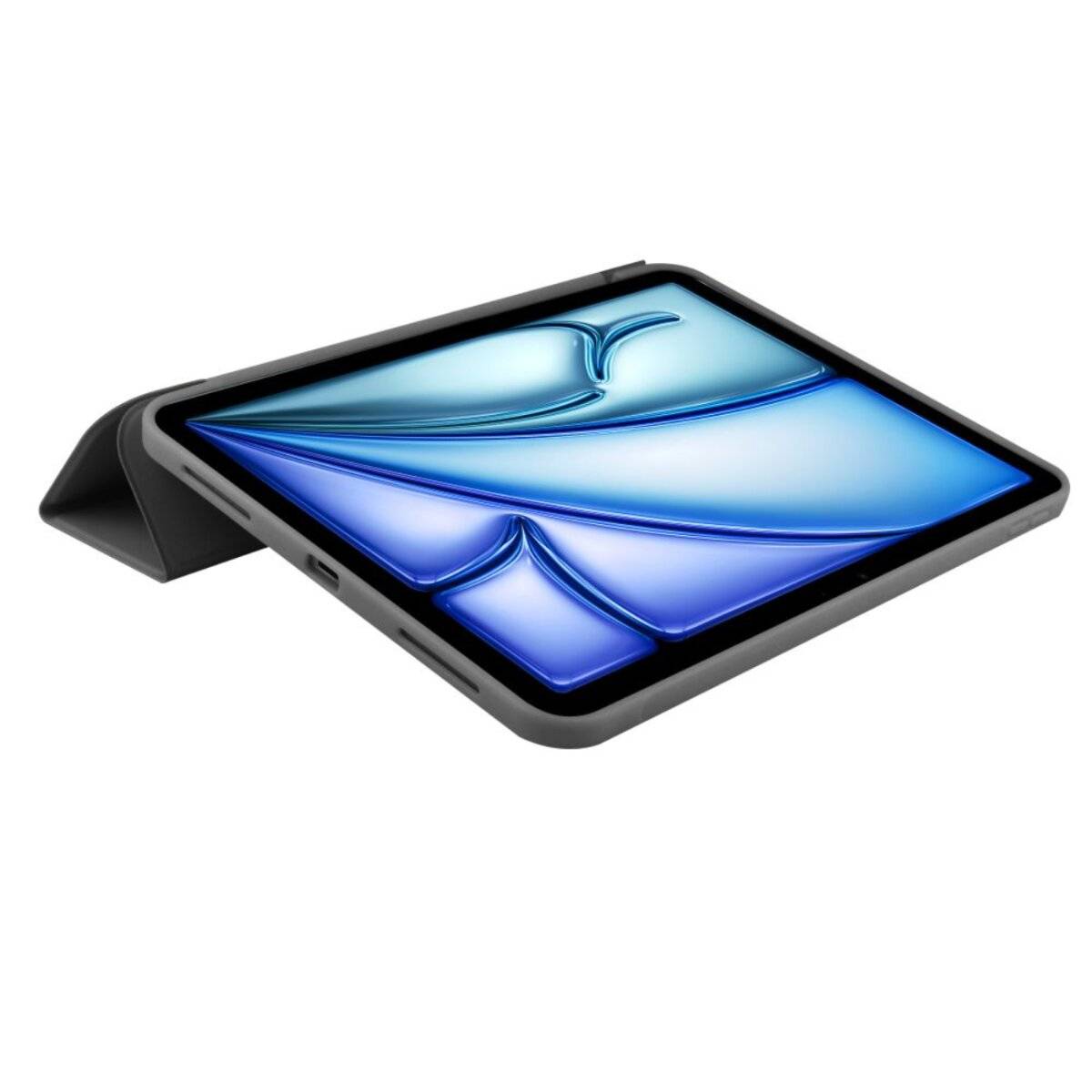 Ein Tablet mit einem blau schattiertem Display, das auf einem dreieckigen Ständer ruht und leicht nach oben geneigt ist und ein schlankes, modernes Design präsentiert.