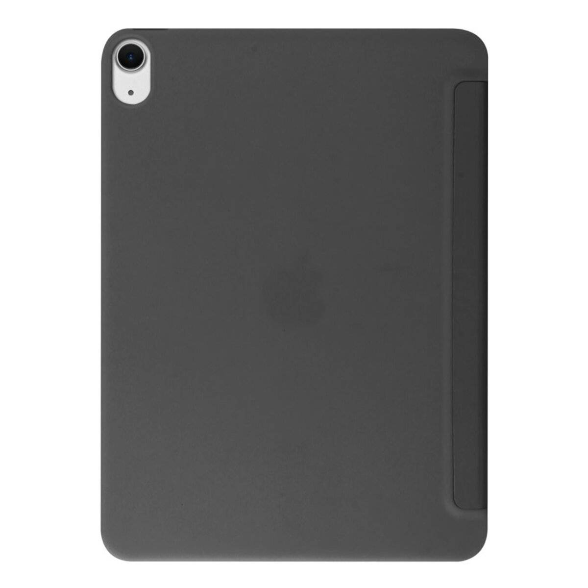 Ein schwarzes Tablet mit einer Kamera in der linken oberen Ecke und einem Apple-Logo in der Mitte, von der Rückseite aus betrachtet.