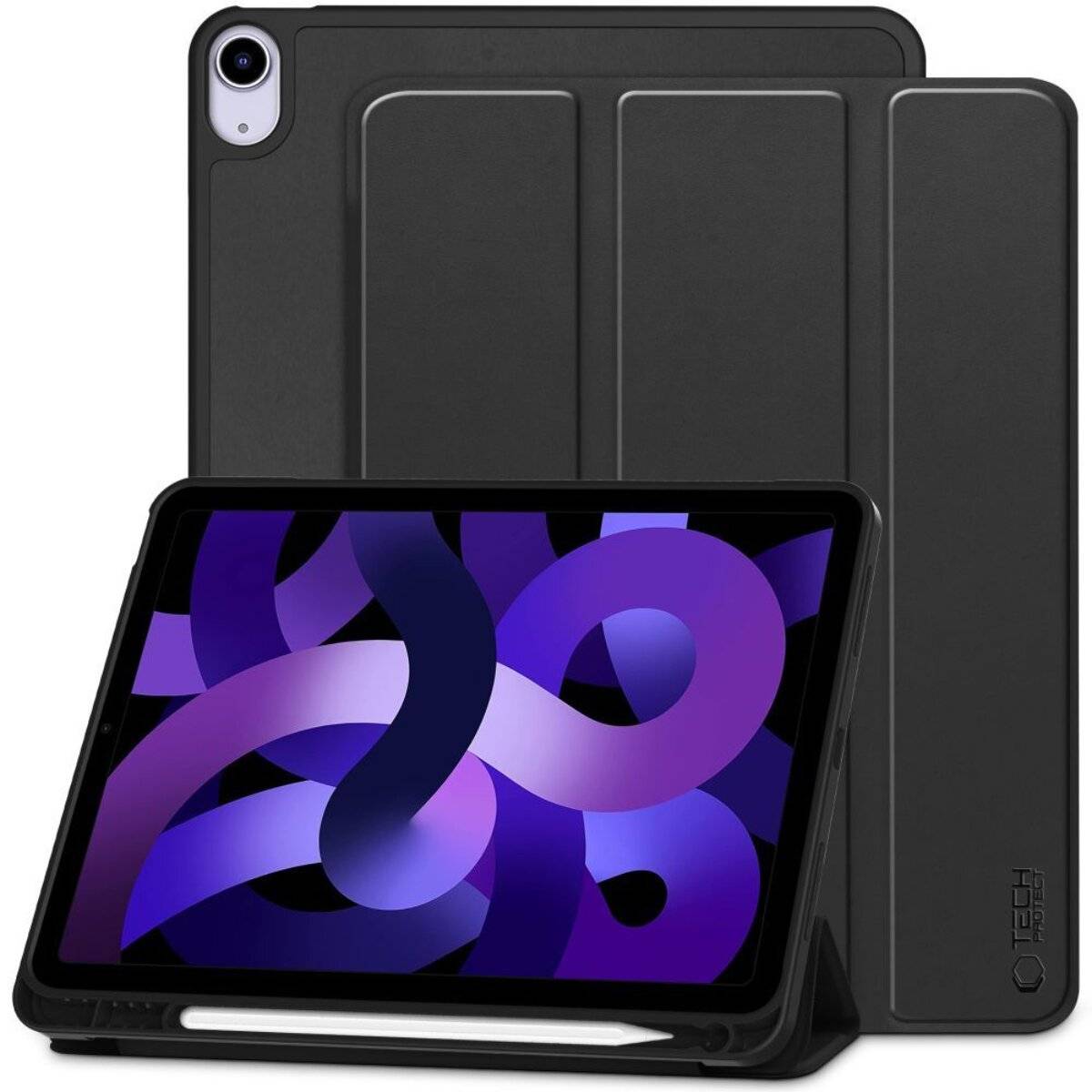 Schwarzes Tablet mit abstraktem violettem Wirbelmuster auf dem Bildschirm, aufrecht in einem eleganten, faltbaren Etui auf weißem Hintergrund stehend.