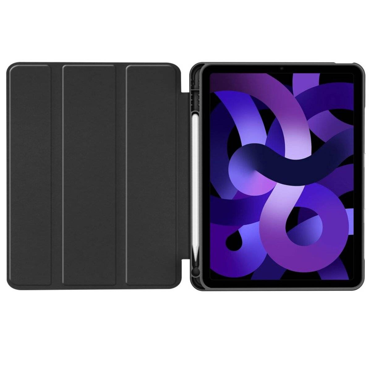 Tablet mit schwarzem Gehäuse, das auf dem Bildschirm ein abstraktes lilafarbenes Banddesign anzeigt. Ein Stift ist an der Seite des Gehäuses befestigt.