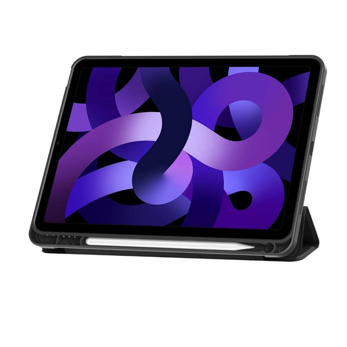 Ein Tablet mit einem farbenfrohen abstrakten Bildschirm in Lila und Blau, auf einem schwarzen Ständer angebracht, mit einem weißen Stylus, der unterhalb des Bildschirms ruht.