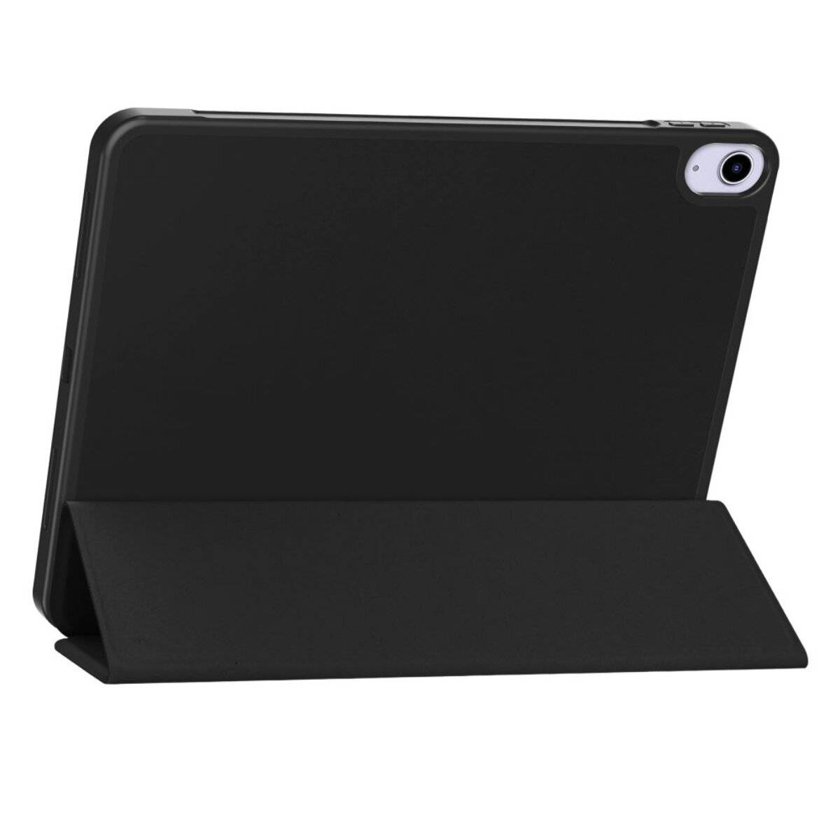 Ein schwarzes Tablet in einer Schutzhülle mit Ständer, von hinten betrachtet, aufrecht auf einer Oberfläche positioniert.
