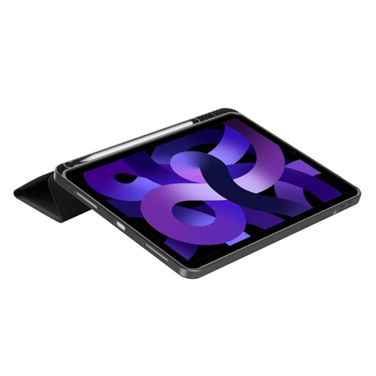 Ein Tablet mit einem Ständer, das auf seinem Bildschirm ein violettes und schwarzes abstraktes Design anzeigt.