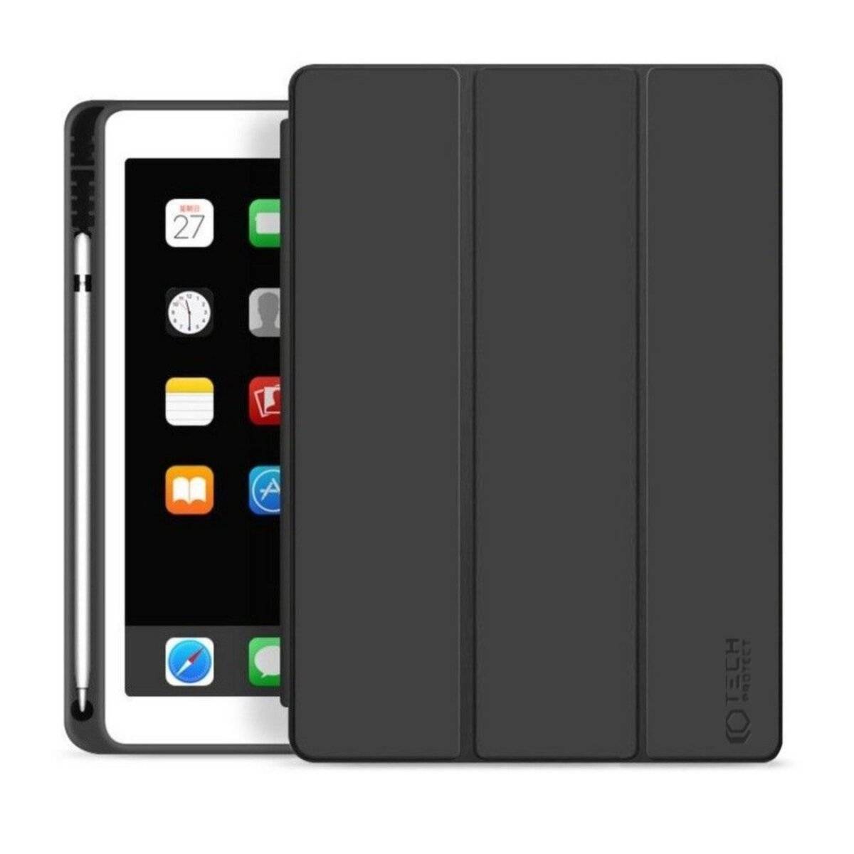 Ein Tablet mit schwarzem Schutzcover, das teilweise geöffnet ist. Apps sind auf dem Bildschirm sichtbar, und ein Stylus ist an der Seite des Tablets befestigt.