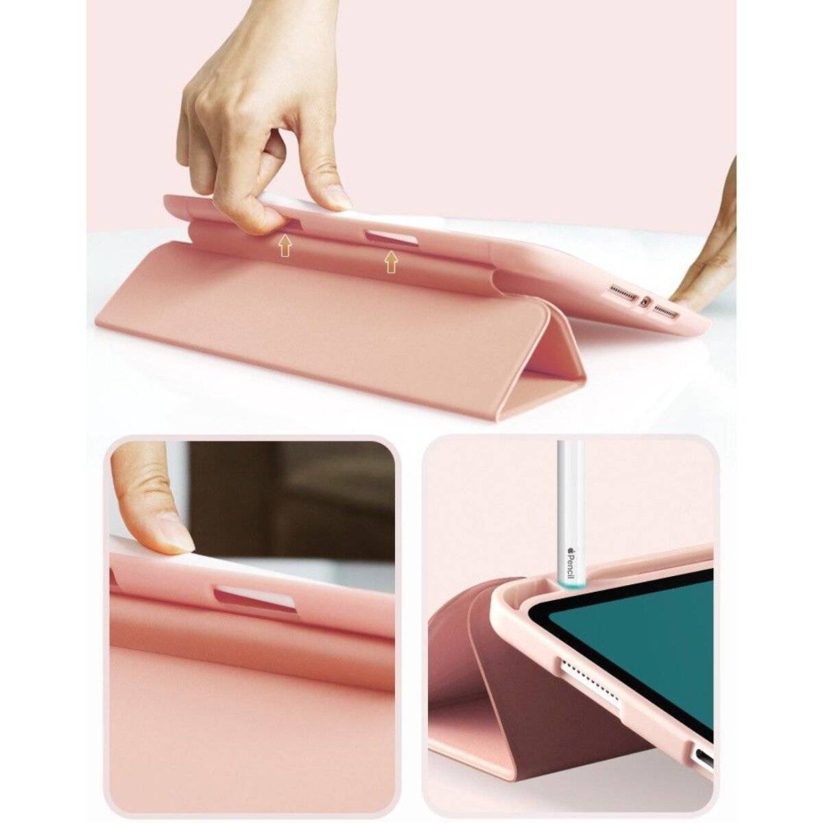 Rosa Tablet-Schutzhülle mit Klappsständer-Funktion und Stifthalter. Pfeile zeigen die Faltanweisungen an.