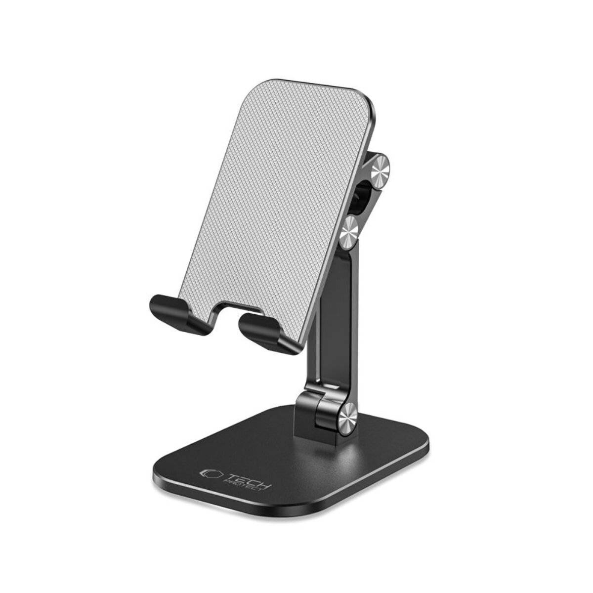 Ein schwarzer verstellbarer Smartphone-Halter mit einer strukturierten grauen Oberfläche, konzipiert zur Unterstützung von mobilen Geräten auf Schreibtischen oder ebenen Flächen.
