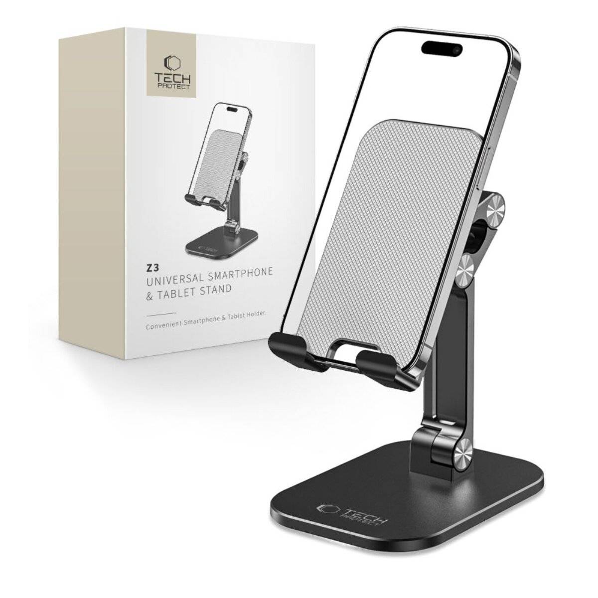 Universelle Smartphone- und Tablet-Halterung mit verstellbaren Winkeln neben ihrer Verpackung gezeigt, geeignet für mehrere Geräte und Verwendungszwecke.
