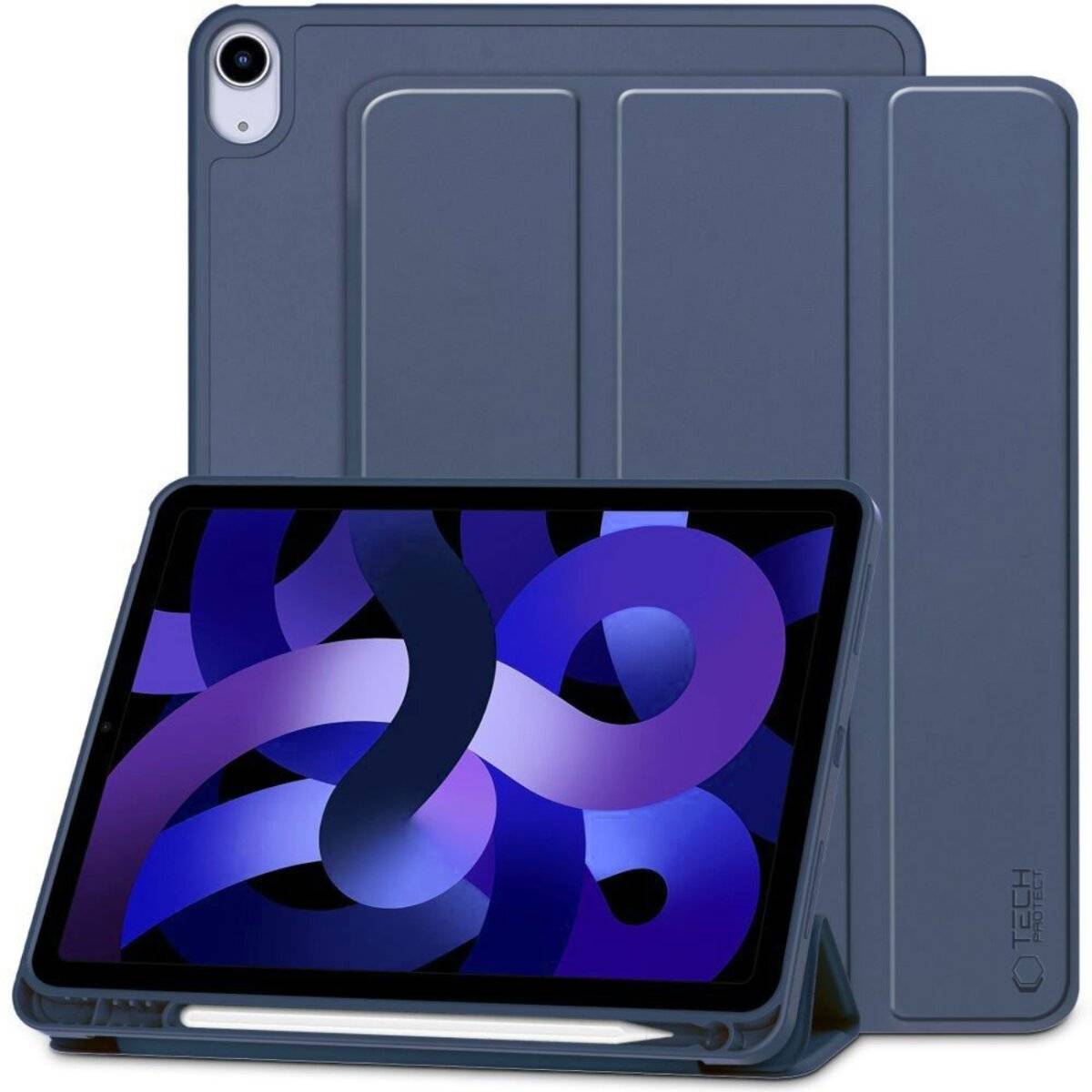 Tablet mit einem blauen Verlaufsdesign auf dem Bildschirm, eingehüllt in eine dunkelblau Schutzhülle. Die Hülle ist leicht gefaltet.