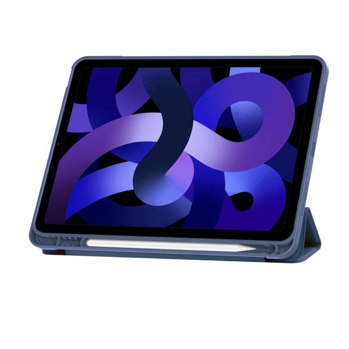 Ein Tablet auf einem Ständer, der einen abstrakten Bildschirm mit sich überlappenden violetten und blauen Formen zeigt. Ein Stylus ruht darunter.