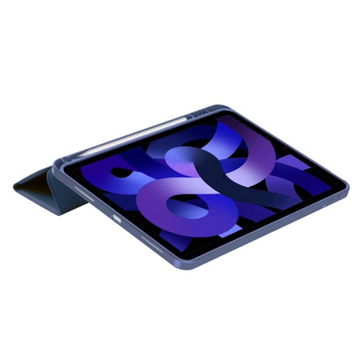Ein Tablet mit einem Stylus obenauf, das auf seinem Bildschirm ein blaues und lila abstraktes Wirbeldesign zeigt.