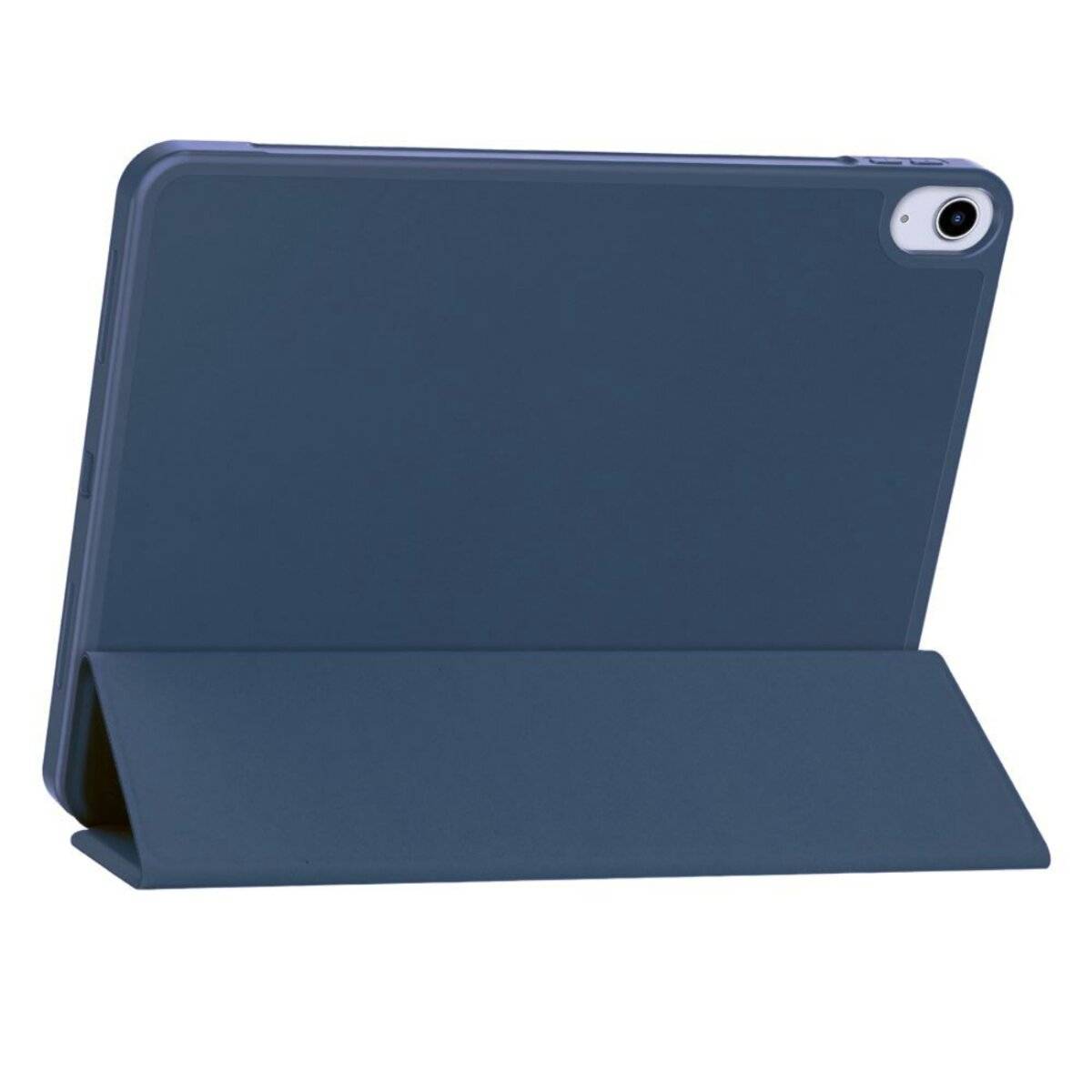 Eine blaue Tablette mit einer Abdeckung steht offen in horizontaler Position, von hinten betrachtet, wobei die Kamera und das Gehäusedesign hervorgehoben werden.