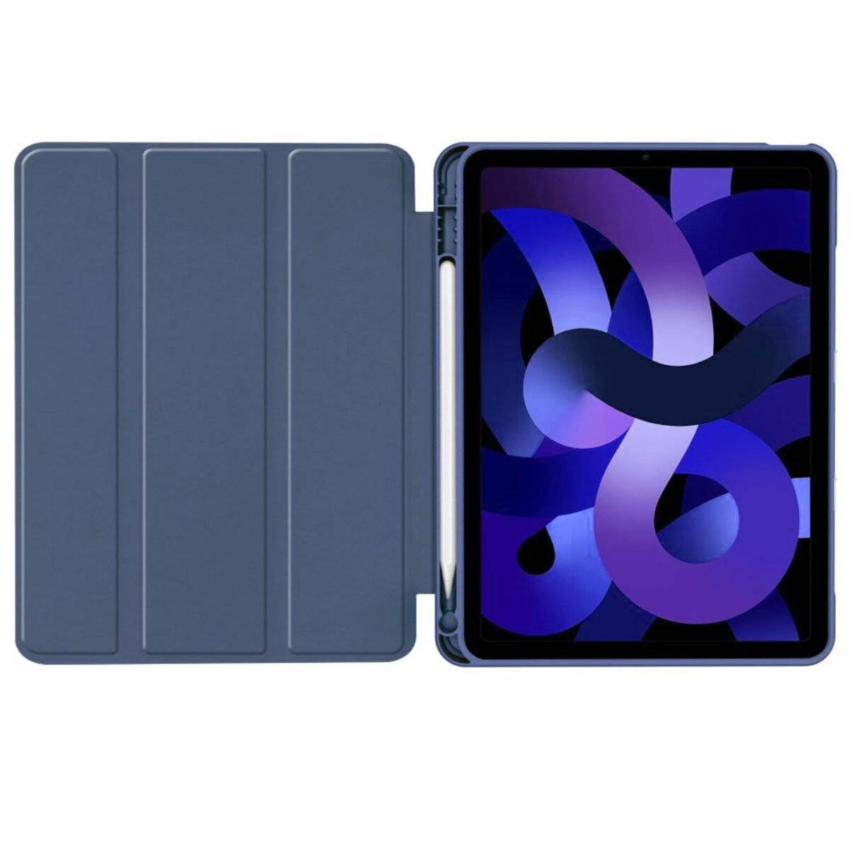 Ein Tablet mit einem Stylus an der Seite, das einen blauen abstrakten Wirbelmustern auf dem Bildschirm zeigt, eingehüllt in eine blaue Hülle.