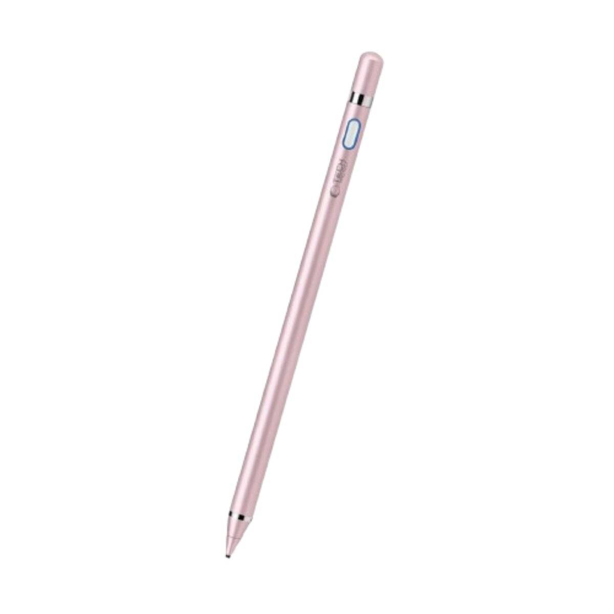 Ein rosa Eingabestift mit schlankem, elegantem Design. Er verfügt über einen Einschaltknopf und ist diagonal angewinkelt, was Einsatzbereitschaft andeutet.
