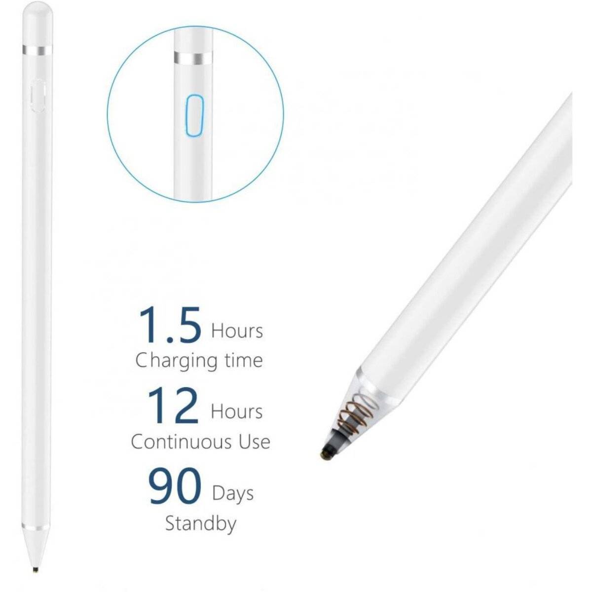Stylus-Stift mit Details: '1,5 Stunden Ladezeit', '12 Stunden Dauereinsatz', '90 Tage Standby'. Die kreisförmige Einfügung hebt die Schaltfläche hervor.