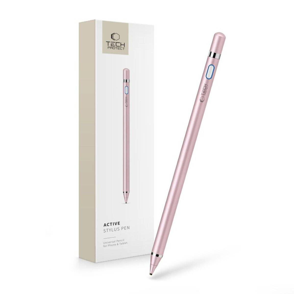 Stylus-Stift in Roségold neben seiner Verpackungsbox, beschriftet mit „Tech Point Active Stylus Pen