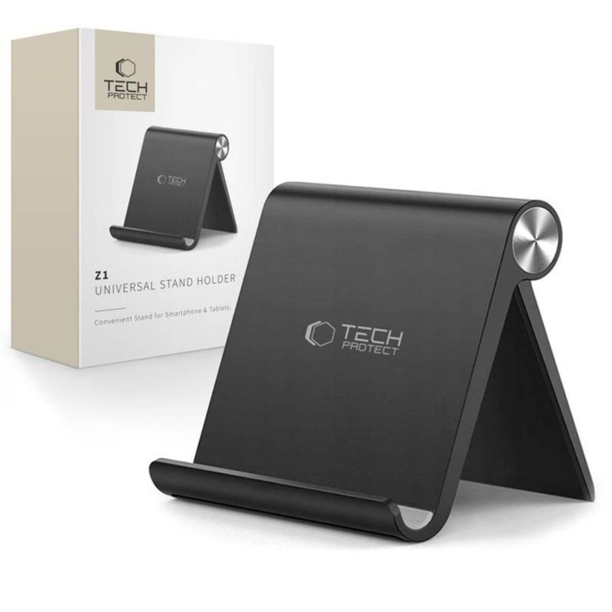 Ein schwarzer Tablet-Ständer mit der Marke „Tech Protect