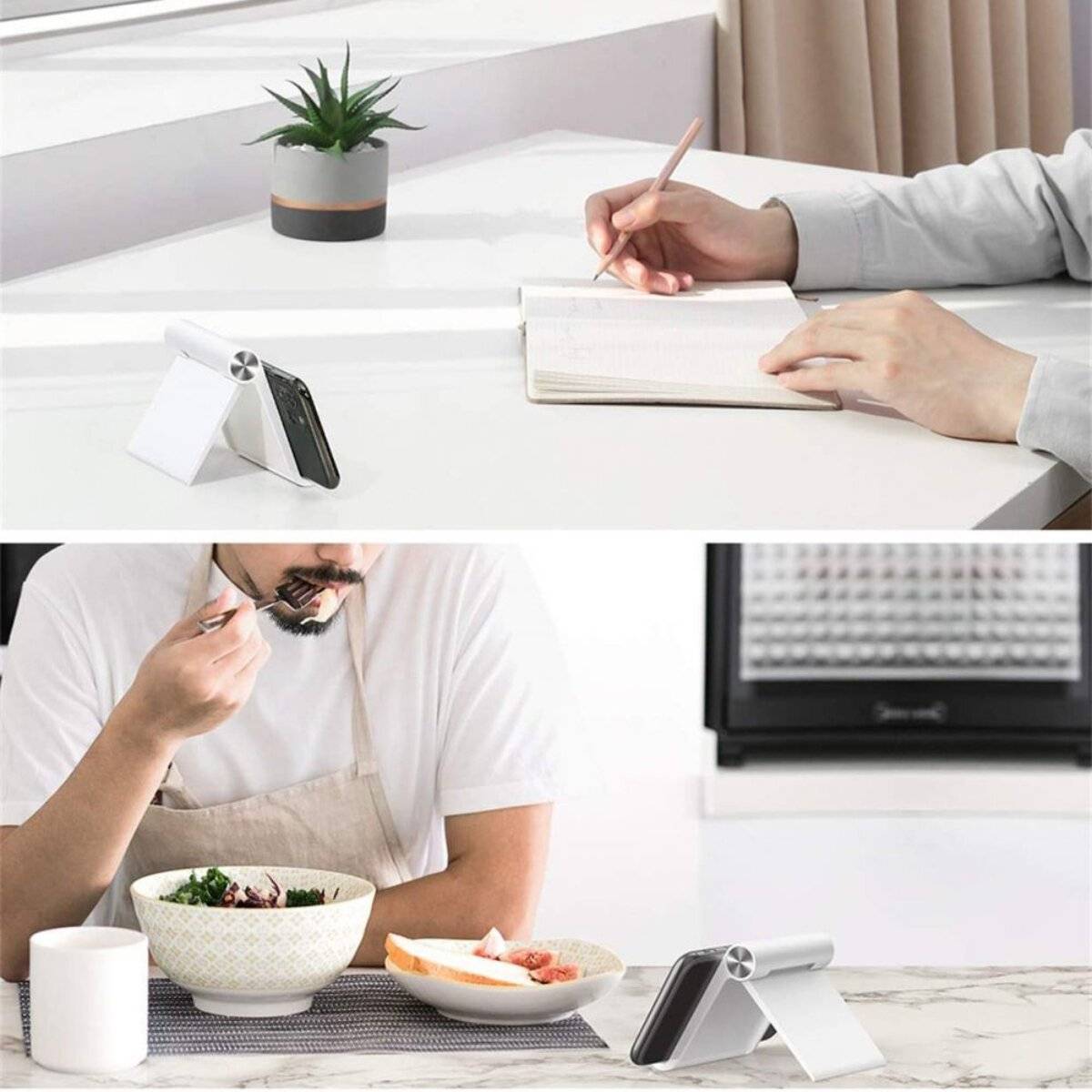 Ein geteiltes Bild: Oben sind Hände zu sehen, die in einem Notizbuch auf einem Schreibtisch neben einem Telefon auf einem Ständer schreiben. Unten ist eine Person zu sehen, die neben einem Telefon auf einem Ständer isst.