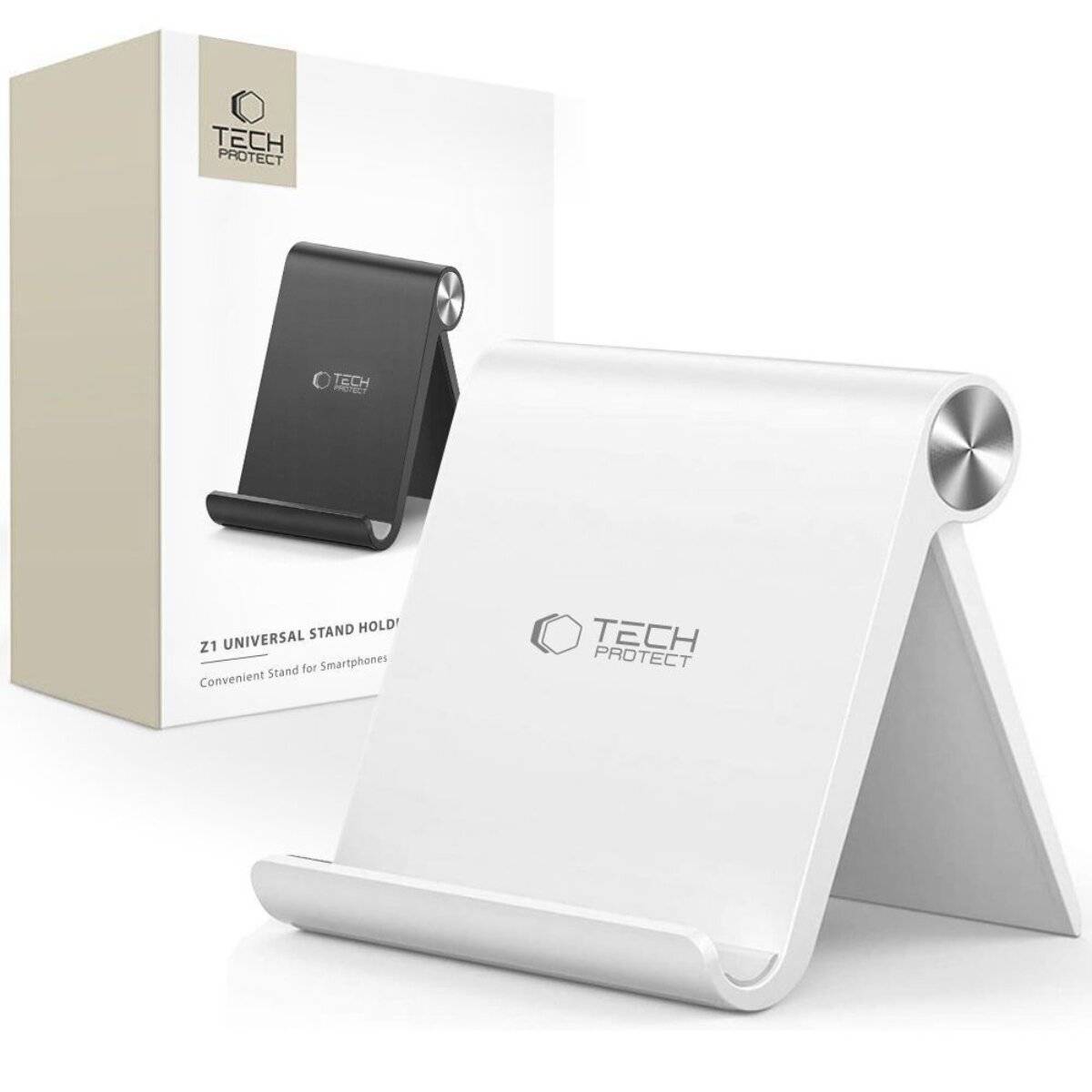 White Tech Protect Z1 universelle Ständerhalterung mit Verpackung. Der Ständer unterstützt Smartphones und Tablets für bequemes Anschauen.