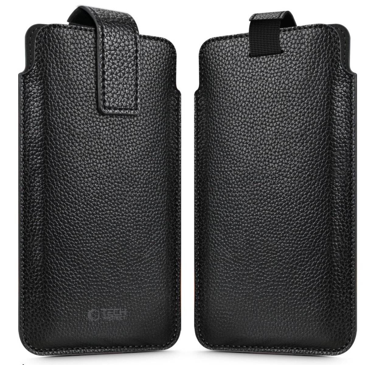 Zwei schwarze strukturierte Leder-Handytaschen mit Überschlag-Verschlüssen, von vorne und hinten gezeigt.